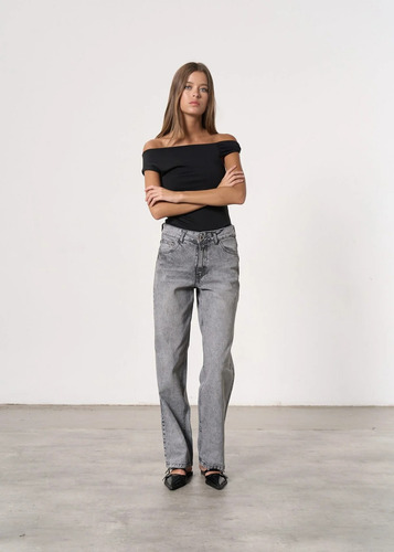 Pantalón Mom Straight De Jean Rígido Tiro Medio - Acid