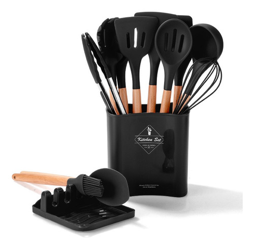 Kit 13 Utensílios De Cozinha Em Silicone Com Cabo De Madeira