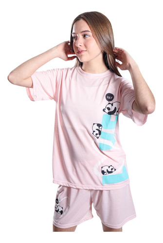 Pijama Mujer Polera Manga Corta Y Short Diseño Ositos Pandas