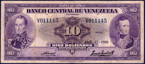 Billete 10 Bolívares V6 Abril 17 1958 Bolívar Y Sucre