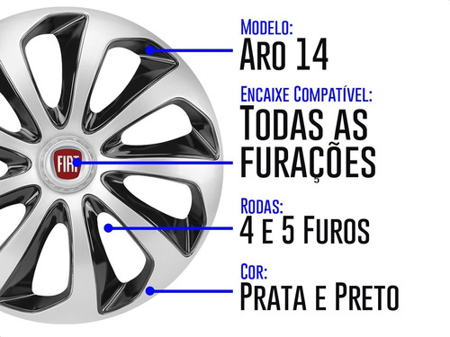 Imagem 4 de 6 de Jogo Calota Aro 14 Velox Silver Black Fiat Palio Uno Siena