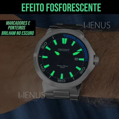 Relógio De Pulso Orient Mbss1196a Com Correia De Aço Cor Prateado Fundo Preto/azul