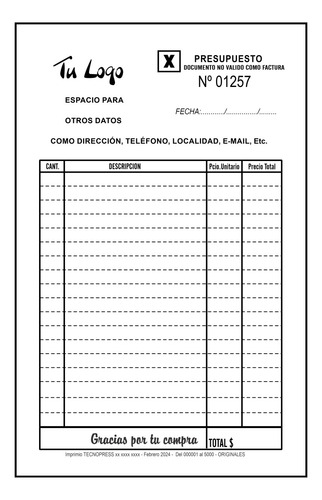 Talonarios Nota De Pedido Internas + Tu Texto 20 Block 11x17