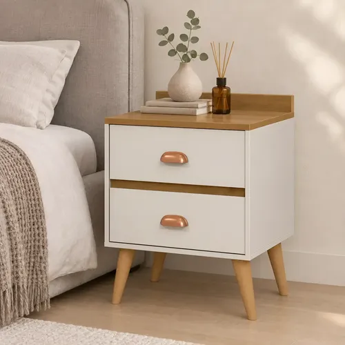 Mesa De Cabeceira Retrô Com 2 Gavetas Compacta Pés Palito E-COMPRE