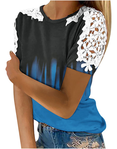 Camiseta Estampada Con Cuello Redondo Y Costuras De Encaje D