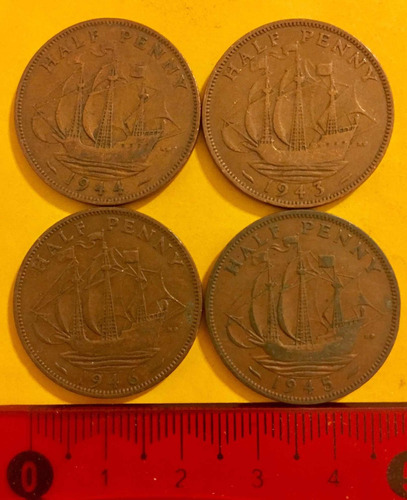 4 Monedas Inglaterra Cobre 1/2 Penny 1943, 44, 45 Y 46