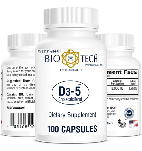 D3-5 Vitamina D3 5000 Ui Bio-tech Pharmacal 100 Cápsulas