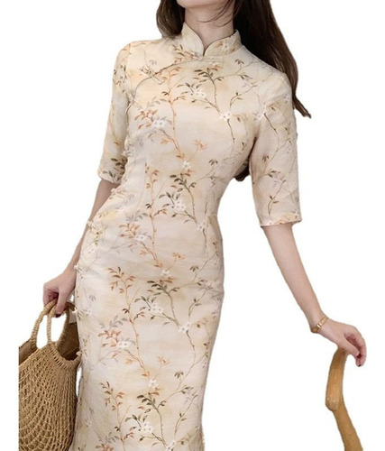 Vestido Largo Floral Vintage De Cheongsam Para Mujer