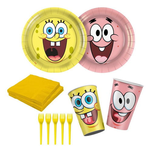 Kit Festa Bob Esponja - Copos, Pratos, Guardanapos E Garfos