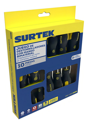 Juego De Destornilladores Mango Bimaterial Combinados Surtek