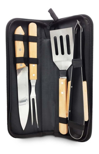 Set Asado X4 Piezas Mango Madera Con Estuche Crystal Rock