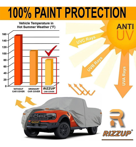 Rizzup® 6.0m Funda Para Pickup 100% Impermeable Cubiertas Para Autos Coche Protector Automovil Vehiculos Accesorios Gris Oscuro 4 Tiras Reflectantes Incluye Cremallera Lateral