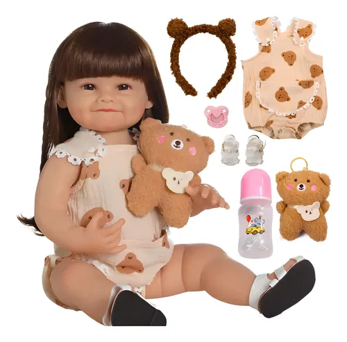 Brastoy Bebê Reborn Boneca Silicone Menina Sorriso Com Urso 48cm