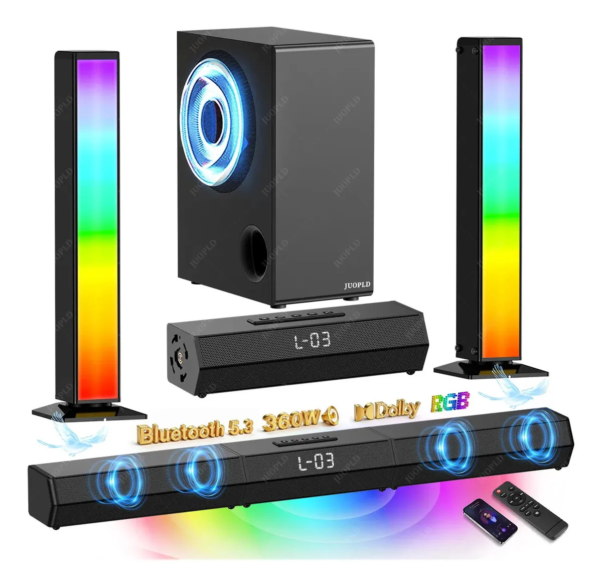 360w Barra De Sonido Desmontable Con Subwoofer 5.1 Canales Luces Rgb 7 Colores 5 Modos, Juopld Home Theater Dolby Con Bluetooth 5.3/aux/hdmi(arc)/usb/optical/coaxial/fm-ant, Pantal