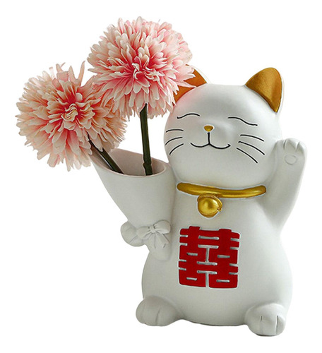 Gato Estatua Florero Flor Rosa Flor Rosa 14cmx8cmx16cm