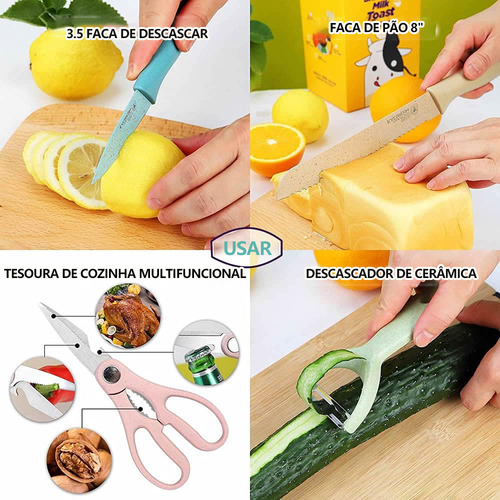 Conjunto de Facas para Cozinha com Suporte de Madeira - Kit de 7 Peças, Inclui Faca para Churrasco e Tábua de Corte