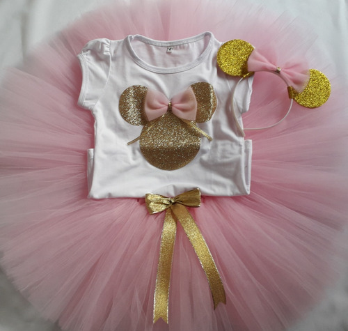 Tutu Remera Vincha C/ Orejas Minnie Dorada Niñas Disfraz