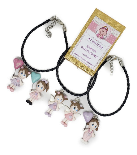 Recuerdo Bautizo 3 Pz Pulsera De Piel Dije Niña+estuche N1