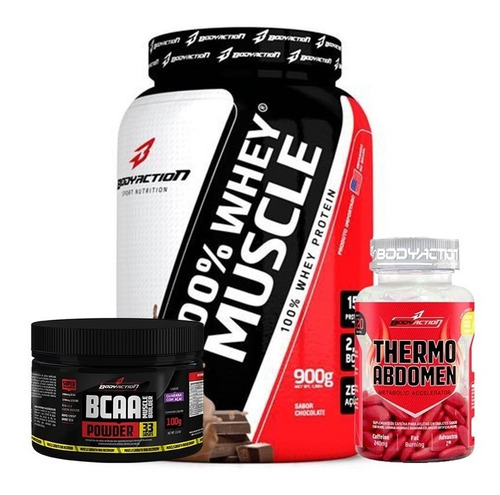 Kit Massa Muscular Whey 100% + Bcaa Pó + Thermo Abdomem 