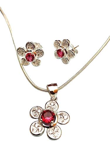 Conjunto Plata 925 Flores Cubic Rojo Conp477 Reina Catalina