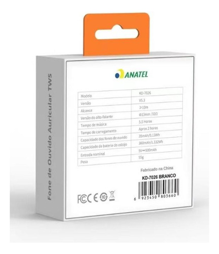 Fone Bluetooth Sem Fio Tws Kaidi Branco Kd-7026 Branco