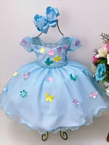 VESTIDO INFANTIL AZUL FLORES LUXO PRINCESA FESTA PÉROLAS