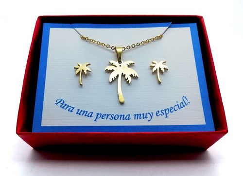 Imagen 2 de 4 de Juego Collar Y Aretes Diseño Palmera Chapa De Oro 22k M3132