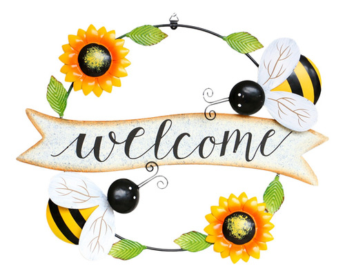 C Retro Welcome Iron Wall Decoration Bee Sunflower Beetle Wr