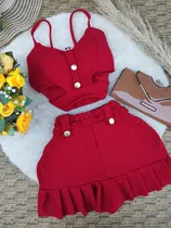 Comprar Conjunto Cropped Top Com Bojo E Short Cós Alto Elastano Poa