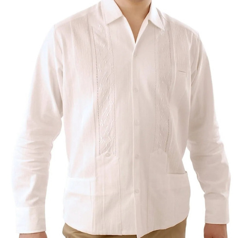 Guayabera, Algodón Bordado De Rejillas Blanca, Envío Gratis 