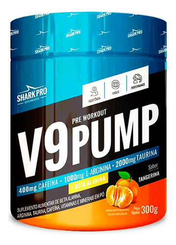 Pré Treino V9 Pump Shark Pro Com Beta Alanina Cafeína 300g Sabor Tangerina