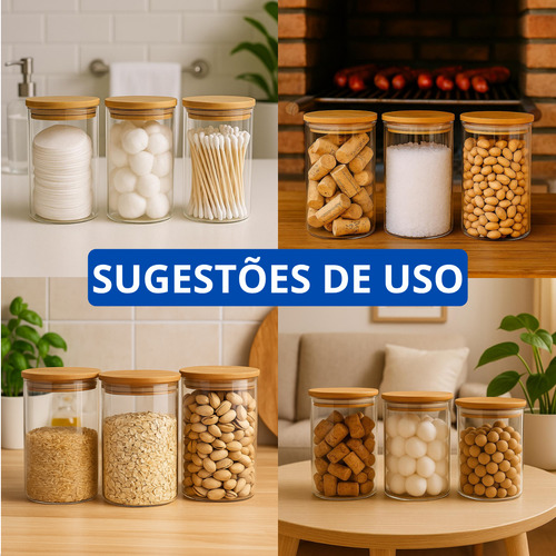 Kit 2 Potes Herméticos Vidro Tampa Bambu 800ml Mantimentos