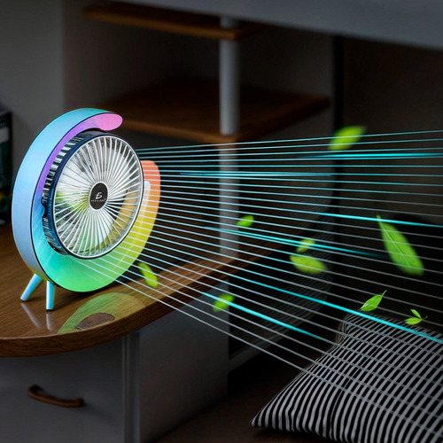Mini Ventilador Escritorio Luz Rgb 3 Velocidades 180 Grados Color Azul