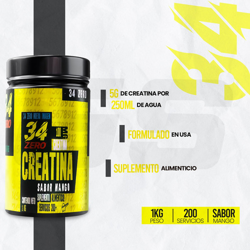 Creatina Monohidratada 34 Zero 1k 200 Varios Sabores Mango
