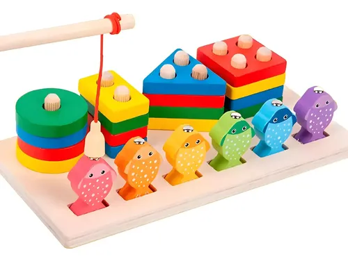 Juego Pesca + 4 Torres Encastre Madera Didactico Iman Peces Color Multicolor Tienda Cracovia juguete 2 en 1