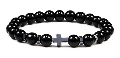 Pulseras Hombre Mujer Piedra Onix Negro Hematita Cruz Unisex