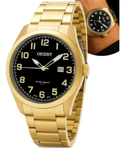 Relógio Masculino Orient Quartz Dourado Resistência Água 50m Fundo Preto Preto Iv