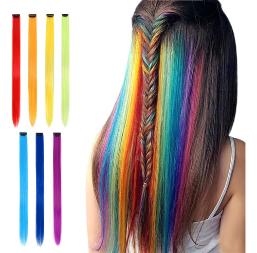 7 Extensiones De Cabello Sintetico Con Clip De Colores De 20