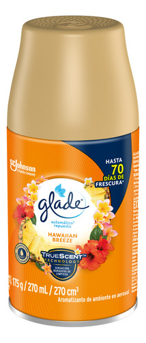 Aromatizante Automático en Aerosol Glade, Frescura Programable para tu Hogar durante Hasta 70 Días, Aroma Hawaiian Breeze, Repuesto de 270 ml