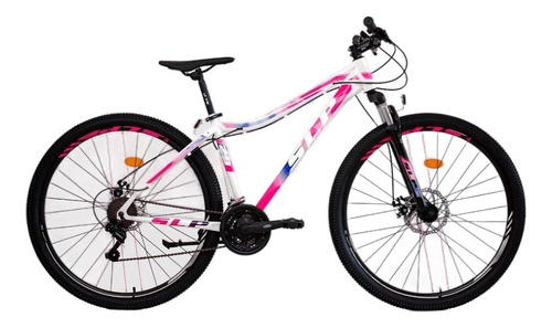 Mountain bike femenina SLP 5 Pro Lady R29 17" 21v frenos de disco mecánico cambios SLP color blanco/blanco/rosa con pie de apoyo  