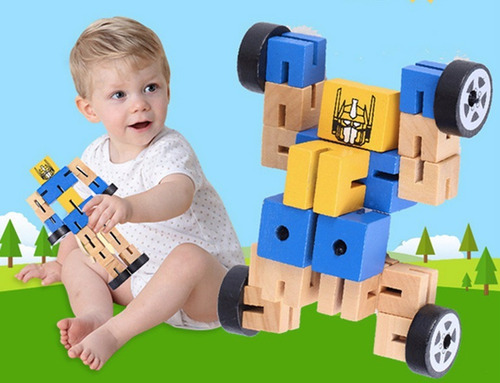 Imagen 5 de 9 de Robot Transformer De Madera Muñeco Articulado Infantil