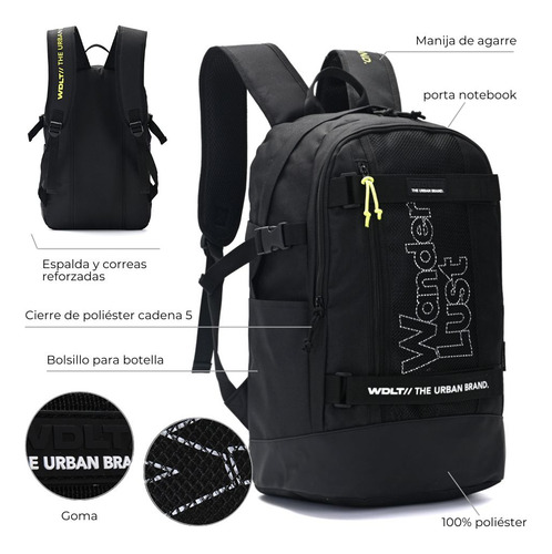 Mochila Porta Notebook Urbana Deportiva Wanderlust Color Negro Diseño De La Tela Liso