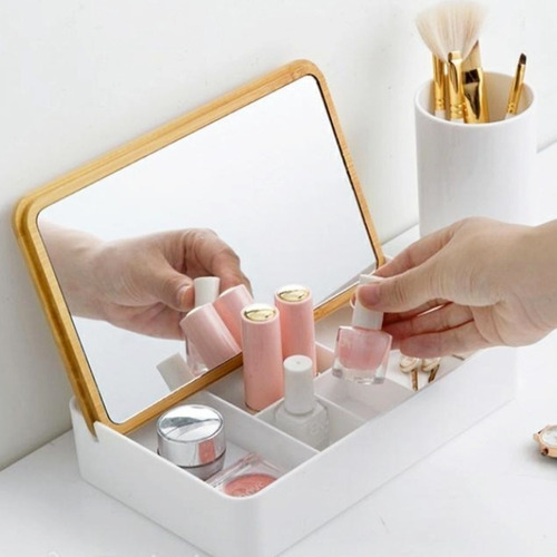 Imagen 4 de 4 de Alhajero Organizador Joyas Anillos Con Espejo Tapa Madera