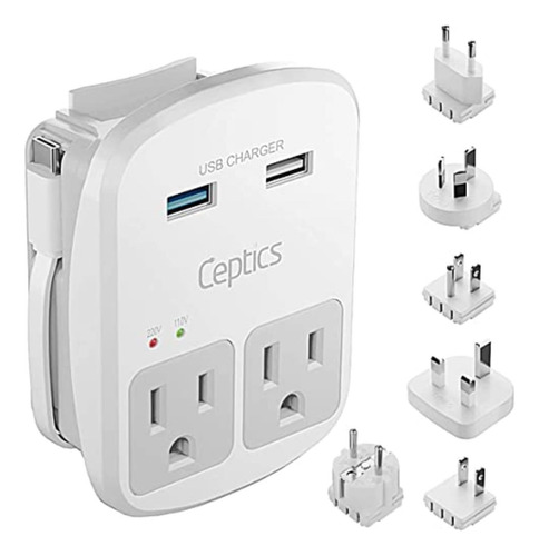 Adaptador De Viaje Universal Ceptics Wps-2b+ Con 2 Usb-a Y