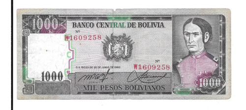 Billete De Bolivia.  1000 Bolivianos 1982