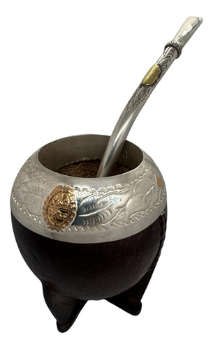 Mate Y Bombilla En Plata Y Oro C/escudo Uruguayo(mat6)