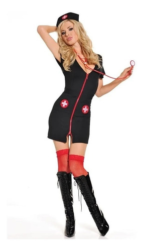 Sexy Disfraz Enfermera Negro Vestido Con Cierre Cofia Z346