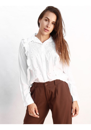 Camisa Manga Larga De Broderie Con Volados Para Mujer