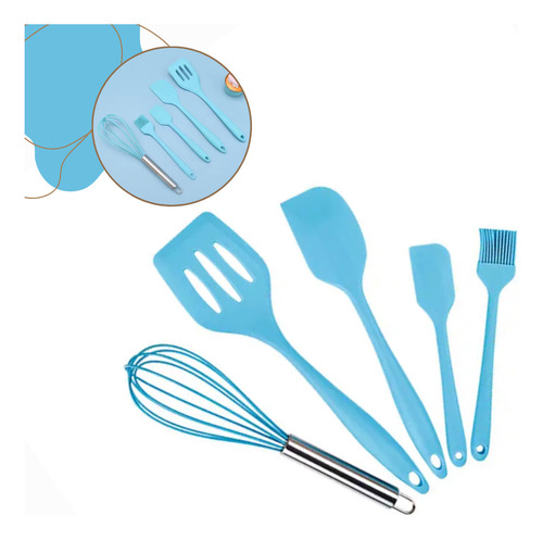 Kit 5pçs Utensilio Cozinha Colher Espatula Silicone Maciço Cor Azul