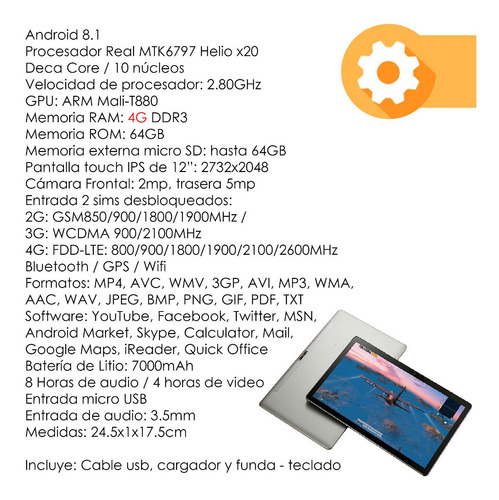 Imagen 5 de 5 de Tablet Vak 102x Deca Core 12' 64gb 2 Sim 4g Teclado 2 En 1